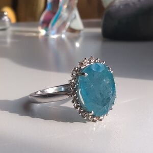 Genuine Raw Aquamarine & Diamond 925 Sterling Silver Ring Size 7
